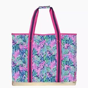 Lilly Pulitzer Pink and Blue Floral Ultimate Carryall Tote with Gold Base